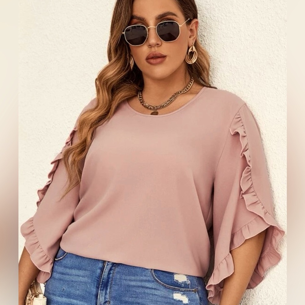 SHEIN Ruffle Trim Petal Sleeve Blouse Dusty Rose